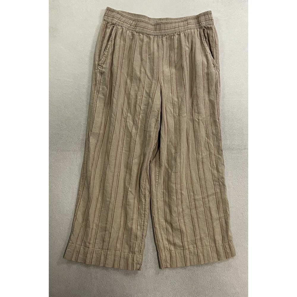 Jones New York Crop Pants Women's Large Linen Blend Brown Striped Elastic Waist